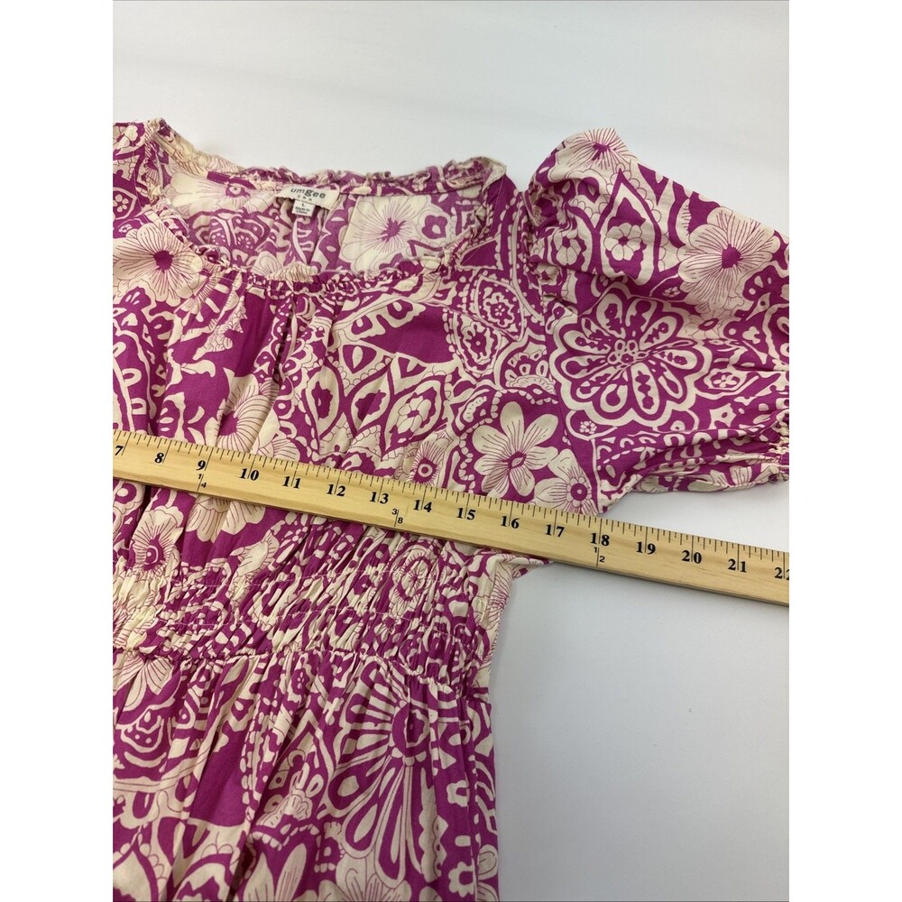 Umgee Tiered Midi Dress Pink Floral Puff Sleeves Boho Summer Indie Smocked Large - Picture 9 of 11